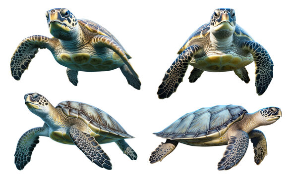 Sea Turtle Different Shot Set Isolated on Transparent Background
