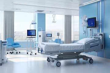 3d rendering of a hospital room interior with a bed and equipment, Interior of a modern hospital room with medical equipment. 3d rendering, AI Generated