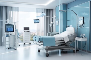 Fototapeta na wymiar Hospital room with bed and equipment. 3d rendering image, Interior of a modern hospital room with medical equipment. 3d rendering, AI Generated
