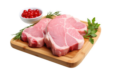 Fototapeta premium pieces of raw pork on a wooden cutting board with parsley and dill leaves, isolated