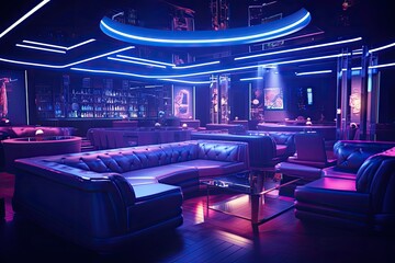 The interior of the night club with a black sofa, a bar counter and a blue neon light, Interior of a night club with bright lights. Night club. A decorated night club, AI Generated