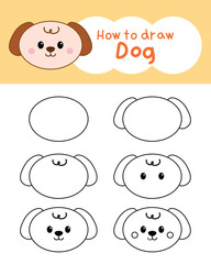How to draw cute dog cartoon for learning, kid, coloring book. Vector illustration