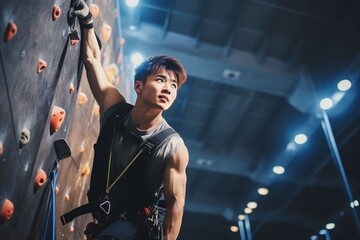 Asian sportsman exercises climbing on climbing wall