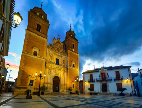 Plaza Mayor with the church of the Immaculate Conception at sunset in the Andalusian village of Velez Rubio, Almeria.