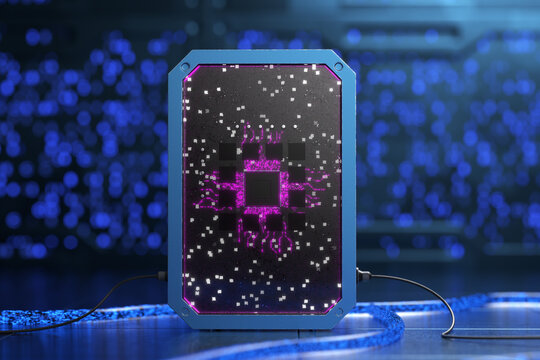 Database concept. Abstract network server. Electronic device. Cable floor. 3D render.