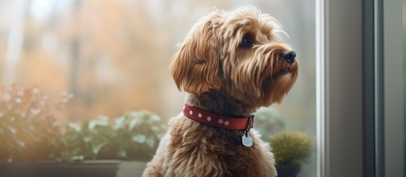 Barking Labradoodle with remote training collar sitting by window Close up cute large female dog reducing outside noise