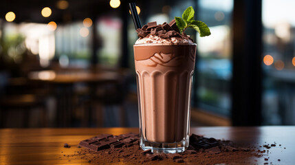 chocolate smoothie on the table with cafe, restaurant or coffee shop background. Food and drinks lifestyle concept for Beverage collection