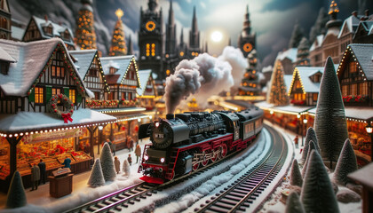 TT Scale Winter Wonderland Model Railway with Snow-Covered Trees, Quaint Houses and Steam Lokomotive - obrazy, fototapety, plakaty