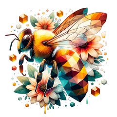 Artistic representation of a bee using watercolor effects, surrounded by beautiful flowers. Unique designs with Double Exposure and Low Poly styles capturing nature's beauty