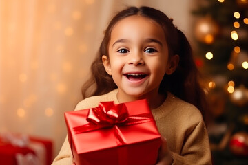 Fototapeta na wymiar Pure Happiness: Child's Reaction to New Year's Gift Delight