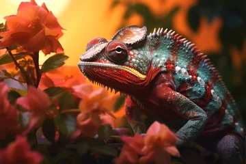 Wandcirkels tuinposter chameleon with flowers on background © Tidarat
