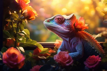 Selbstklebende Fototapeten chameleon with flowers on background © Tidarat