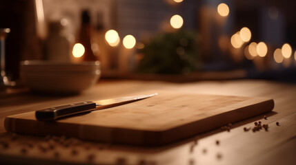 Wood Cutting Board. Warm Background. Mockup. Christmas Cooking. Created with generative AI - obrazy, fototapety, plakaty