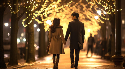 冬の夜のデート、日本人の男性と女性のカップル - obrazy, fototapety, plakaty