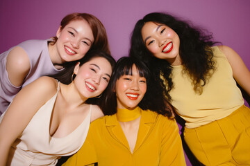 Obraz premium A diverse group of young women is captured in a joyful and vibrant photo, radiating happiness with a warm yellow tone. Generative AI.