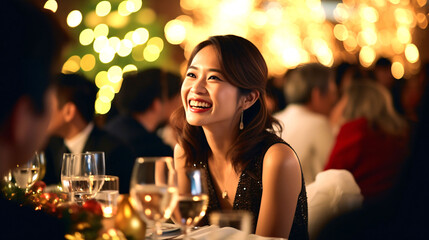 笑顔の女性、ディナーを楽しむ日本人女子