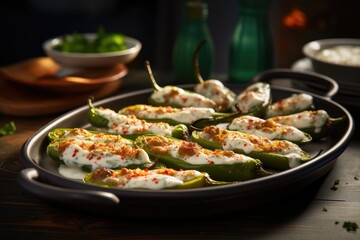  a pan filled with green peppers covered in cheese and sauce.  generative ai