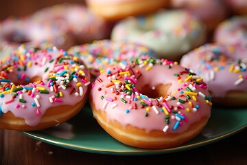  a plate full of pink frosted donuts with sprinkles.  generative ai