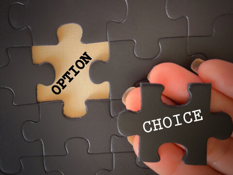 Motivational and inspirational wording. OPTION and CHOICE written on jigsaw puzzle pieces. With blurred styled background.