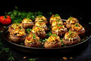  a plate of stuffed mushrooms topped with cheese and toppings.  generative ai