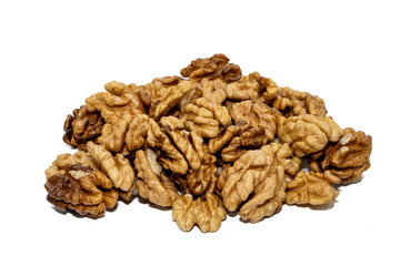 Closeup of peeled walnuts isolated on white background