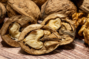Close-up of halved walnuts on a table