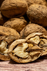 Close-up of halved walnuts on a table