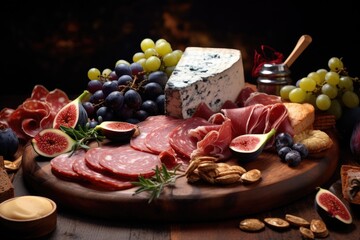  a variety of meats and cheeses on a wooden platter.  generative ai