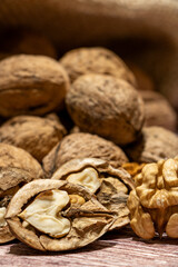 Close-up of halved walnuts on a table