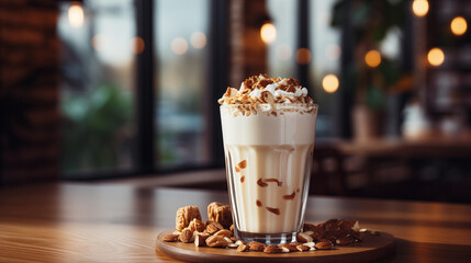 mixed nuts smoothie on the table with cafe, restaurant or coffee shop background. Food and drinks lifestyle concept for Beverage collection