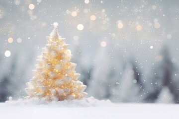 Fototapeta na wymiar Golden holiday dreams. Tree christmas background. Frosty elegance. Celebration xmas in white and gold. Magical lights. Festive abstract. Winter glistening beauty