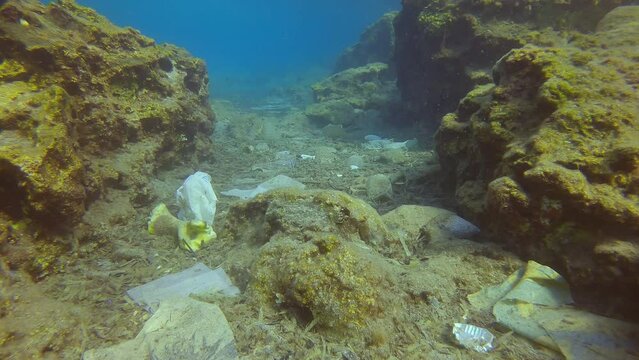 Plastic debris has accumulated in huge quantities on the seabed between stones, Camera moving forwards, on blue water background