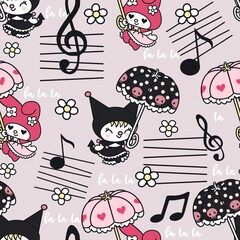 Cartoon pattern of a cat opening an umbrella cute fashion alternating back and forth music fun music seamless popular for worksheets stickers t-shirt patterns vintage fabric patterns gift wr