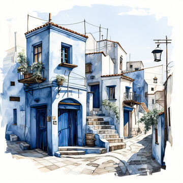 Fototapeta Watercolor sketches of beautiful Moroccan houses with vibrant plant lined streets in a picturesque setting