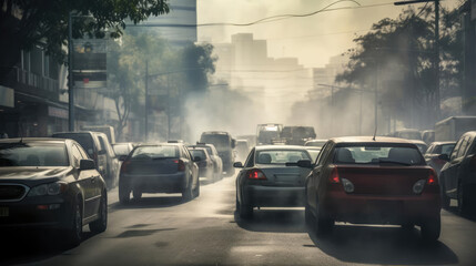 Cars on the street of the city are stuck in a traffic jam. Heavy smoke - obrazy, fototapety, plakaty