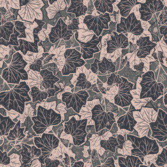 Black and pink leafy autumn pattern with dots and tendrils. Moody pumpkin leaf illustration is elegant and lush. Dark leaves are perfect for fall and Thanksgiving season. 
