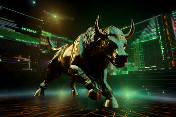 Bull with background of uptrend stock market. Concept of bullish market. AI generative