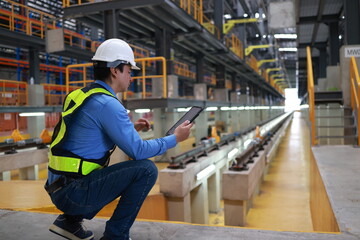 Portrait Young railway engineer with safety vest and hard hat using tablet to check the railway...