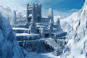 Snow-covered fortress surrounded by mountains and icy landscape. Generative AI