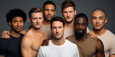Diverse group of men standing together, multicultural male beauty, diversity concept. AI generative