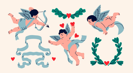 Cupids or cherubs, wreath, ribbon, hearts. Cute flying characters with bow and wings. Hand drawn Vector illustration. Isolated design elements. Valentine's Day, romantic holiday celebration concept - 667168147