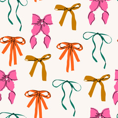 Various colorful Bow knots, tie ups, gift bows. Hand drawn trendy Vector illustration. Wedding celebration, holiday, party decoration, gift, present concept. Square seamless Pattern, background - 667168164