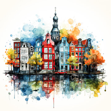 A charming watercolor rendering of the citys iconic colored houses within a scenic landscape