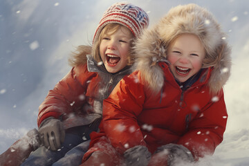 Happy children playing in the snow in winter, generative AI