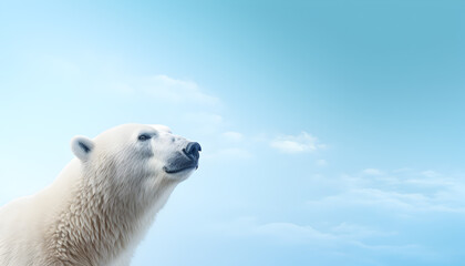 Fototapeta premium Background of a polar bear with empty space for text. Arctic, blue sky background