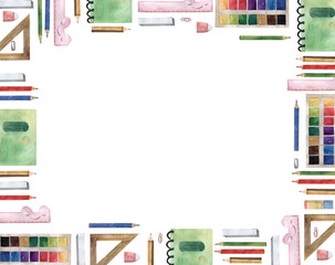 Square frame of school subjects, Background for inscriptions,Ruler,pencil,notebook,paints.Watercolor illustration.