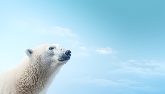 Background of a polar bear with empty space for text. Arctic, blue sky background