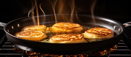 Alcoholic pancakes are cooked in a flaming pan