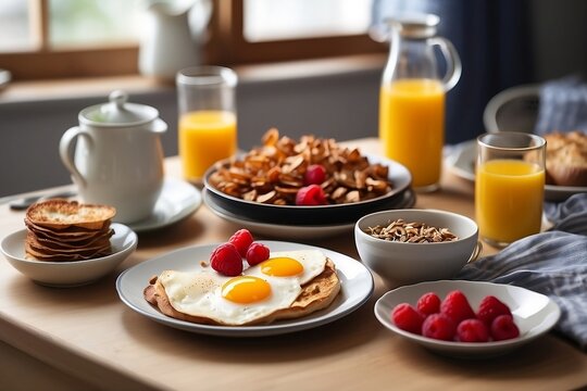 Breakfast food on the kitchen table. The family is eating breakfast.