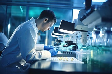 A scientist in a pharmaceutical laboratory, conducting research and experiments in the fields of biology and chemistry.